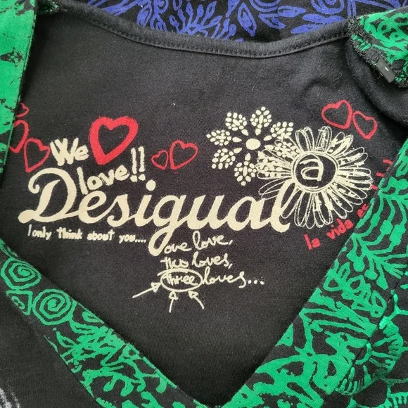 Desigual dress black green blue fit flare long sleeve dragon zebra detail Sz S - Picture 12 of 15